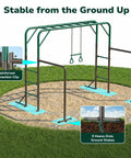3 In 1 Monkey Bars Set With Gymnastics Bars And Trapeze Swing For Backyard Fun, Heavy Duty Metal Frame, ground stakes view