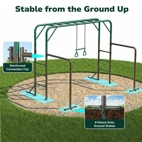 3 In 1 Monkey Bars Set With Gymnastics Bars And Trapeze Swing For Backyard Fun, Heavy Duty Metal Frame, ground stakes view