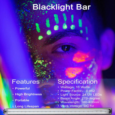 Person with neon face paint under Lit 1Ft USB Powered T5 UV Blacklight Tube 10W Portable Black Light Bar For Body Paint