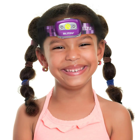 Child wearing Hands-Free LED Headlamp for Adults and Kids, Ultra Lightweight Waterproof Headlight with White and Red Light, Purple