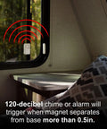 12 Pack Window And Door Alarm System with 120dB Siren installed on RV window showcasing wireless function and magnetic sensor chime.