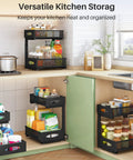 Two Tier Under Sink Organizer With Butter Smooth Mesh Sliding Drawers And Silent Roll Tracks, showcasing neat storage in a kitchen cabinet.