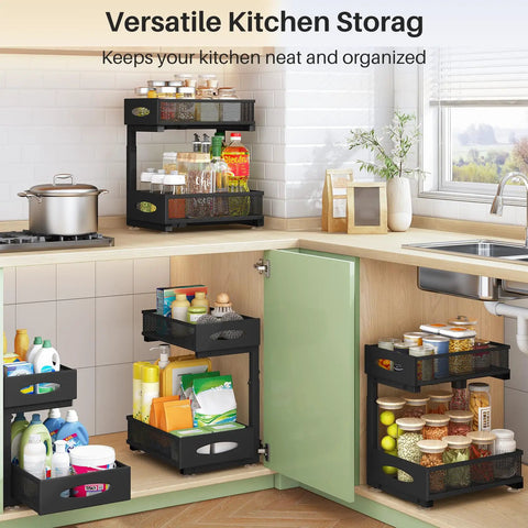 Two Tier Under Sink Organizer With Butter Smooth Mesh Sliding Drawers And Silent Roll Tracks, showcasing neat storage in a kitchen cabinet.