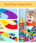 Child playing with 150 Piece Race Car Track Magnetic Tile Building Set For Kids With 4 Cars, featuring colorful bridges and ramps.