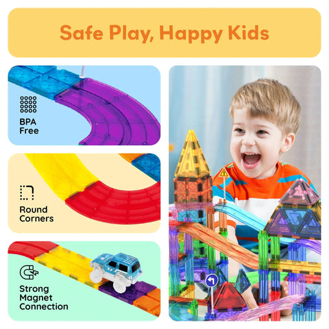 Child playing with 150 Piece Race Car Track Magnetic Tile Building Set For Kids With 4 Cars, featuring colorful bridges and ramps.