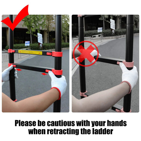 Person demonstrating safe hands placement on 8.5ft Aluminum Telescoping Ladder With Extension Folding Design for safety