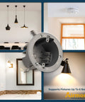 4 Inch Old Work Round Electrical Box One Gang Grey PVC Junction Box With Built In Mounting Tabs Three Mounting Wings And Two Hour Fire Rated Walls Great For Ceiling Remodel And Secure Wire Connections displayed with ceiling and wall fixtures.