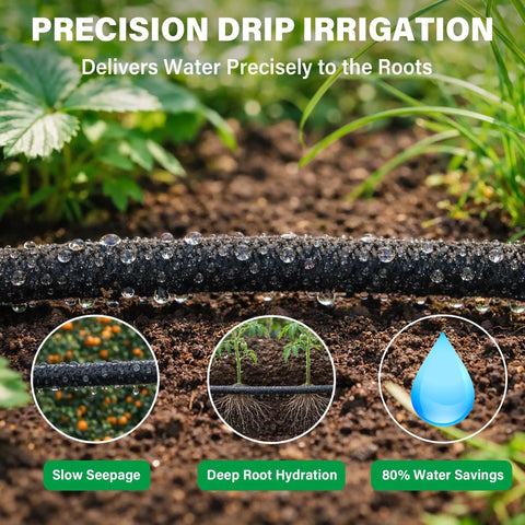 Drip Irrigation System With 100 Ft Quarter Inch Soaker Hose And 10 Ft Half Inch Tubing For Raised Beds, Veggies, Lawn, And Greenhouse