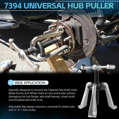 Heavy Duty Universal Hub Puller Boasting Hella Tough Adjustable Sliding Arms For No Sweat Wheel Hub Extraction And Smooth Brake Drum Removal On Any Daily Driver in use with axle shaft.