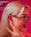 Person wearing Go Pop ANC True Wireless Earbuds With Charging Case In Fuchsia, Active Noise Cancelling, shown in ear.