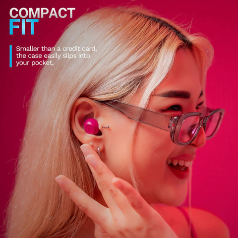 Person wearing Go Pop ANC True Wireless Earbuds With Charging Case In Fuchsia, Active Noise Cancelling, shown in ear.