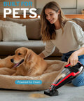 Person using Pet Hair Handheld Vacuum Cordless With Rechargeable Battery Motorized Brush And Reusable Filters on dog bed