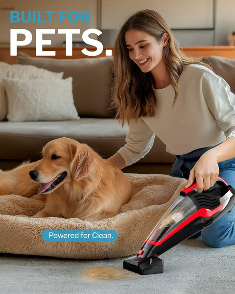 Person using Pet Hair Handheld Vacuum Cordless With Rechargeable Battery Motorized Brush And Reusable Filters on dog bed