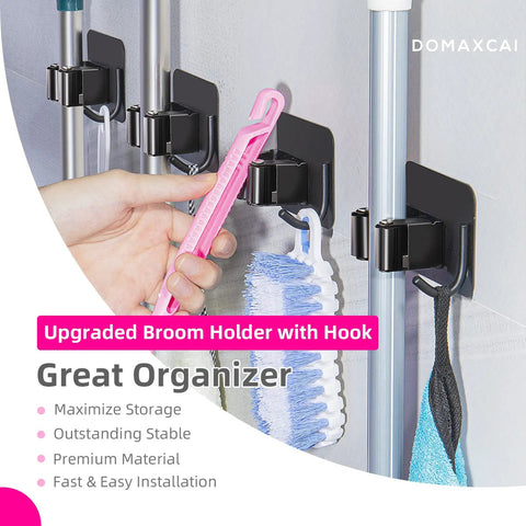 4 Pack Anti Slip Broom Holder Wall Mount Set With Gripper And Hook holding a brush and mop, damage-free with no drill mount.