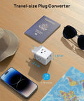 European Travel Plug Adapter With 3 Outlets And 2 USB Ports, International Power Adapter for Europe on table with travel items.