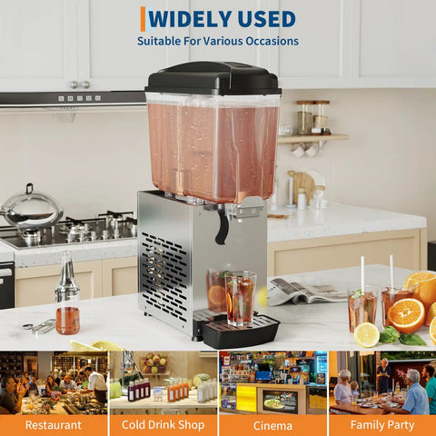 Heavy Duty Stainless Steel Single Tank Commercial Cold Drink Dispenser Working Like A Champ For Bustling Restaurants And Bars To Keep Beverages Icy Fresh And Ready in a kitchen showing various drinks.