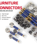 All In One Heavy Duty Pro Grade Furniture Hardware Kit With Cam Lock Fasteners and Eccentric Wheel Screws in an organized box