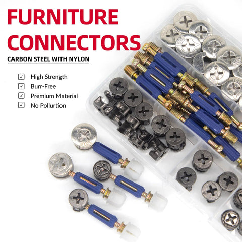 All In One Heavy Duty Pro Grade Furniture Hardware Kit With Cam Lock Fasteners and Eccentric Wheel Screws in an organized box