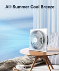 9 Inch Frameless Box Fan With 3 Speed Settings, Lightweight ABS Housing, ETL Listed, compact cooling on table in living room