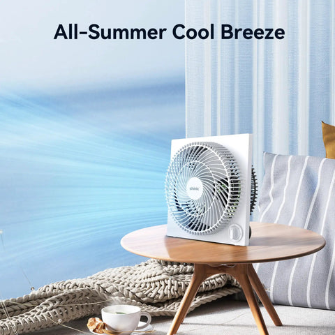 9 Inch Frameless Box Fan With 3 Speed Settings, Lightweight ABS Housing, ETL Listed, compact cooling on table in living room