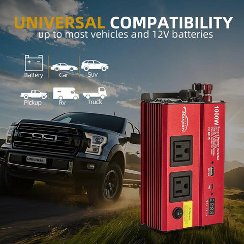 1000 Watt DC To 110V AC Vehicle Power Inverter With Dual AC Outlets USB C PD 30W Fast Charge Inline Cigarette Adapter on a vehicle background.
