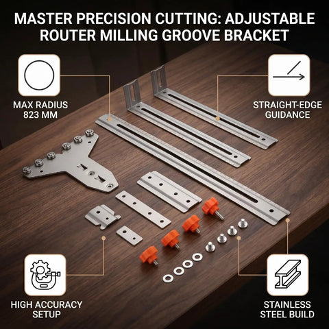 Rock Solid Router Milling Bracket With Adjustable Circle Cutting Jig And Straight Edge Guide, stainless steel parts and adjustable components.