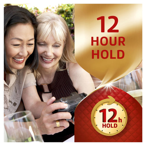 Two women smiling with camera, overlay text '12 HOUR HOLD', promoting Power Max Hold Denture Adhesive Cream for Super Strong Hold and Food Seal Flavor Free 2.2 Oz Tubes Pack of 4 Clinically Proven for All Day Confidence Now