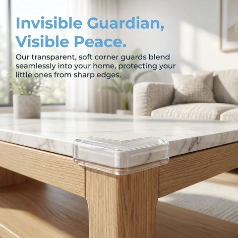 Four Pack Soft PVC Table Corner Protectors L Shaped Furniture Guards Easy Install Impact Absorbing Corner Covers on table edge