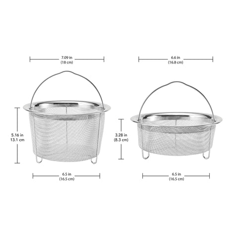 Stainless Steel Mesh Steamer Basket Set With Easy Lift Handles for dual-purpose steaming and straining, shown with size measurements.