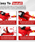 Beefed Up 2.5 Ton Floor Jack With Low Profile Design, 5500 Lbs Capacity, Single Piston Pump, Heavy Duty Steel Hydraulic Jack For Cars Sedans Pickups MPVs, Lifting Range 3.4 To 15.2 Inches, Durable Powder Coated Steel instruction graphic