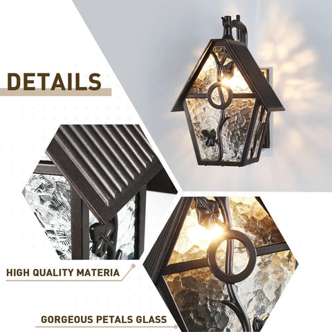 Rustic Outdoor Wall Lanterns With Water Glass Panels in oil rubbed brown close-up, designer style light for patio and porch.