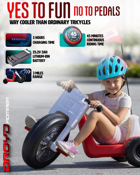 Child riding Romper Electric Tricycle For Kids 3 Plus Years, 24V Ride On Toy With 3 To 6 MPH Speed, Up To 45 Minute Battery, Safe Trike.