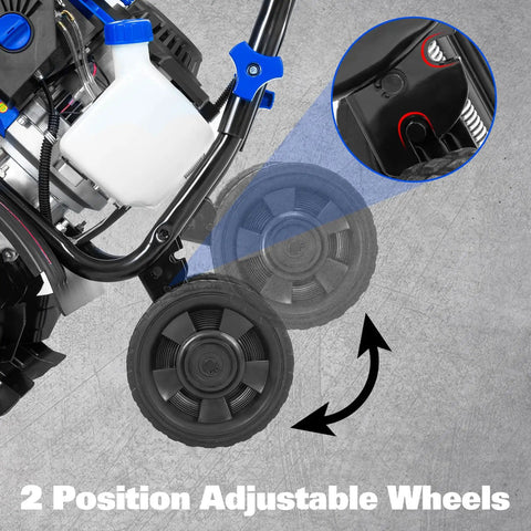 46Cc Four Cycle Gas Powered Rototiller Cultivator with adjustable wheels for plowing, tilling, and weeding in garden and farm
