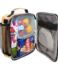 Open Insulated Lunch Container With Buckle For School, showing fruits and snacks inside, compact and lightweight thermal lunch box for all-day use.