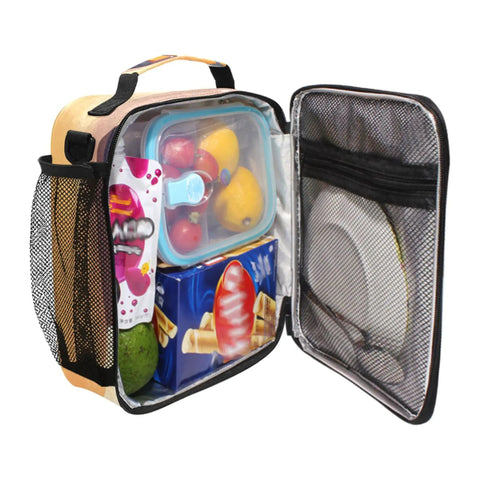 Open Insulated Lunch Container With Buckle For School, showing fruits and snacks inside, compact and lightweight thermal lunch box for all-day use.