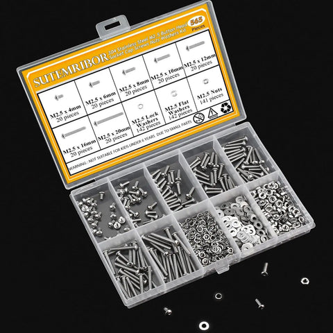 M2.5 Screw Nut Washer Set For DIY Projects, 565 Pieces By Sutemribor, Button Head Socket Cap Screws 4 6 8 10 12 16 20mm With Nuts And Washers In 304 Stainless Steel Fully Threaded