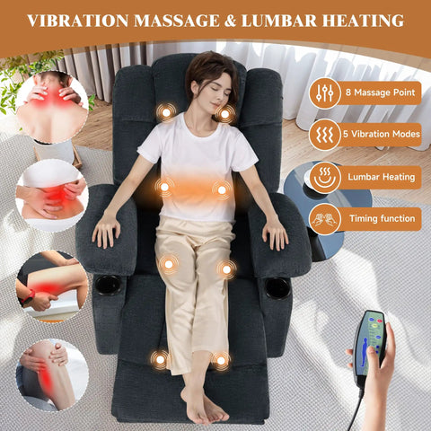Woman using Cozy Swivel Rocker Recliner Chair For Adults With Massage Heat And Vibration, showing massage and lumbar heating features