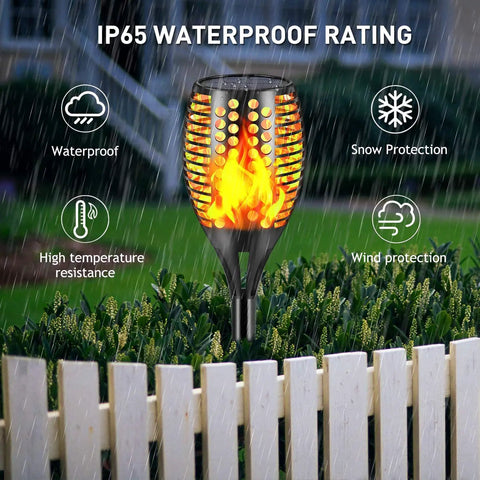 8 Pack Solar Torch Lights With Real Flickering Flame, Waterproof Outdoor LED Torches in garden, IP65 rating shown