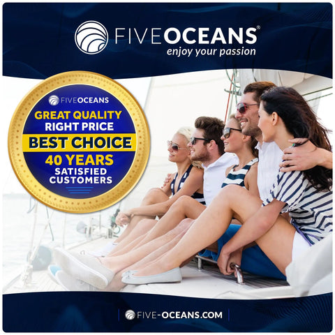 Five people sitting on a sailboat under a "Five Oceans" banner with "Great Quality Right Price" badge visible