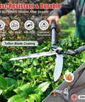 Self Sharpening High Carbon Steel Hedge Trimmers With 2x Leverage Long Handles for Effortless Pruning, Teflon Coated Anti Slip Wavy Blades