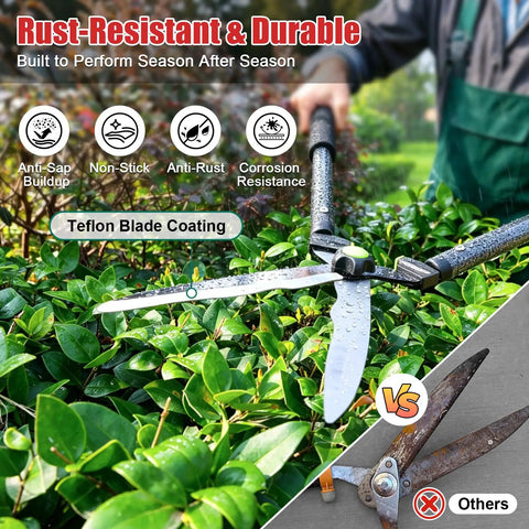 Self Sharpening High Carbon Steel Hedge Trimmers With 2x Leverage Long Handles for Effortless Pruning, Teflon Coated Anti Slip Wavy Blades