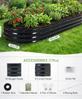 Galvanized Oval Raised Garden Bed 8x3x1 Ft with vegetables growing; includes panels, screws, rubber strip, gloves, and bracing rods.