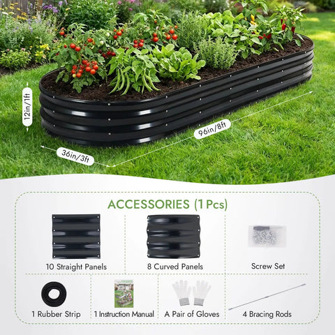 Galvanized Oval Raised Garden Bed 8x3x1 Ft with vegetables growing; includes panels, screws, rubber strip, gloves, and bracing rods.