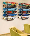 Six Tier Wooden Skateboard Wall Rack Mount 36 Inch Display Stand And Storage Organizer holding colorful skateboards on a wall.