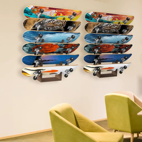 Six Tier Wooden Skateboard Wall Rack Mount 36 Inch Display Stand And Storage Organizer holding colorful skateboards on a wall.