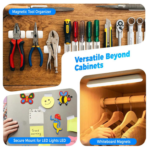 4 Pair Whole House Magnetic Cabinet Door Catch Latches No Drill Adhesive Rust Proof Stainless Steel Silent Closure For Kitchen Bathroom Wardrobe Drawers Easy Damage Free Setup displayed organizing tools on wooden board, with versatile use for hanging items and notes.