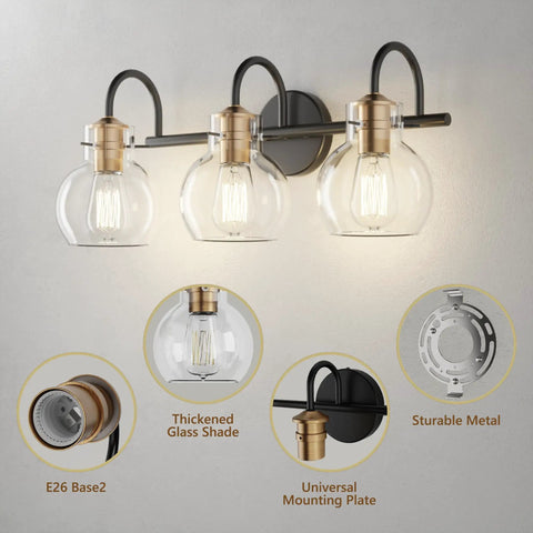 Three Light Vanity Light Fixture In Black And Copper With Globe Glass Shade, Modern Wall Sconce With Metal Base