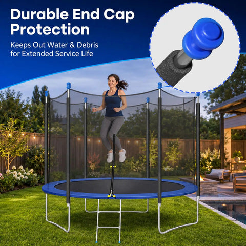 Complete Six Piece Trampoline Replacement Enclosure Poles With Thick Foam Sleeves And Secure Caps For Straight Frame Nets To Upgrade Your Backyard Rig With Absolutely Zero Hassle with woman jumping.