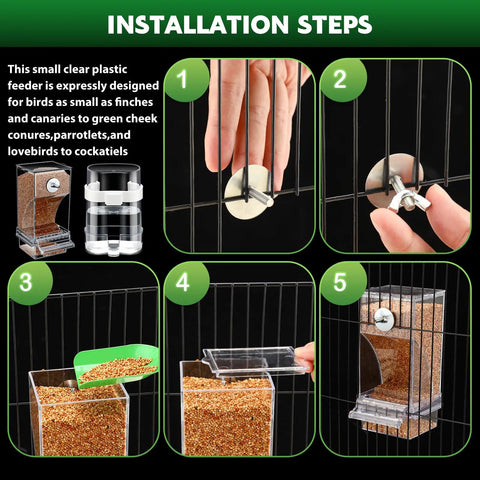 Installation steps for Seven Piece Bird Feeder And Water Dispenser Set For Parrot Cages with clear plastic feeder for birds.