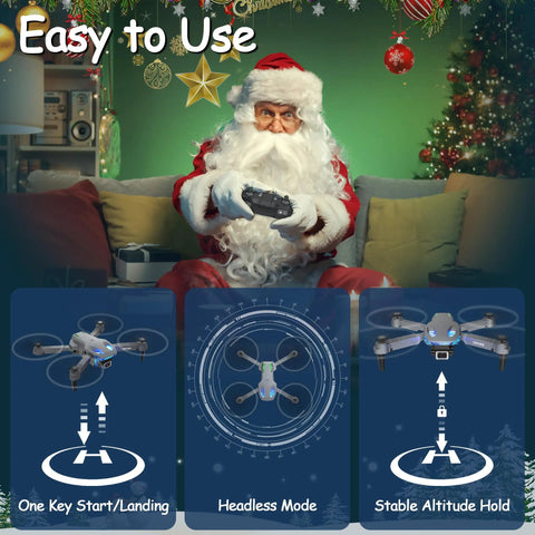 Santa holding remote for Mini Drone With 1080P Camera, Foldable FPV Quadcopter For Beginners, Adults And Kids, Gesture Selfie, with controls.